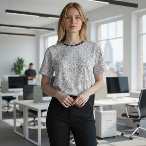 Anthropologie W5 Black & White Geometric Pattern Short Sleeve Silky Blouse